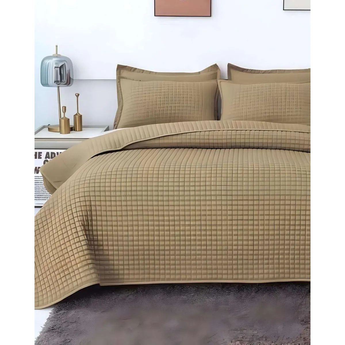 GENERICO - COBERTOR DE LUJO QUILT VERANO PLAZA Y MEDIA CAQUI