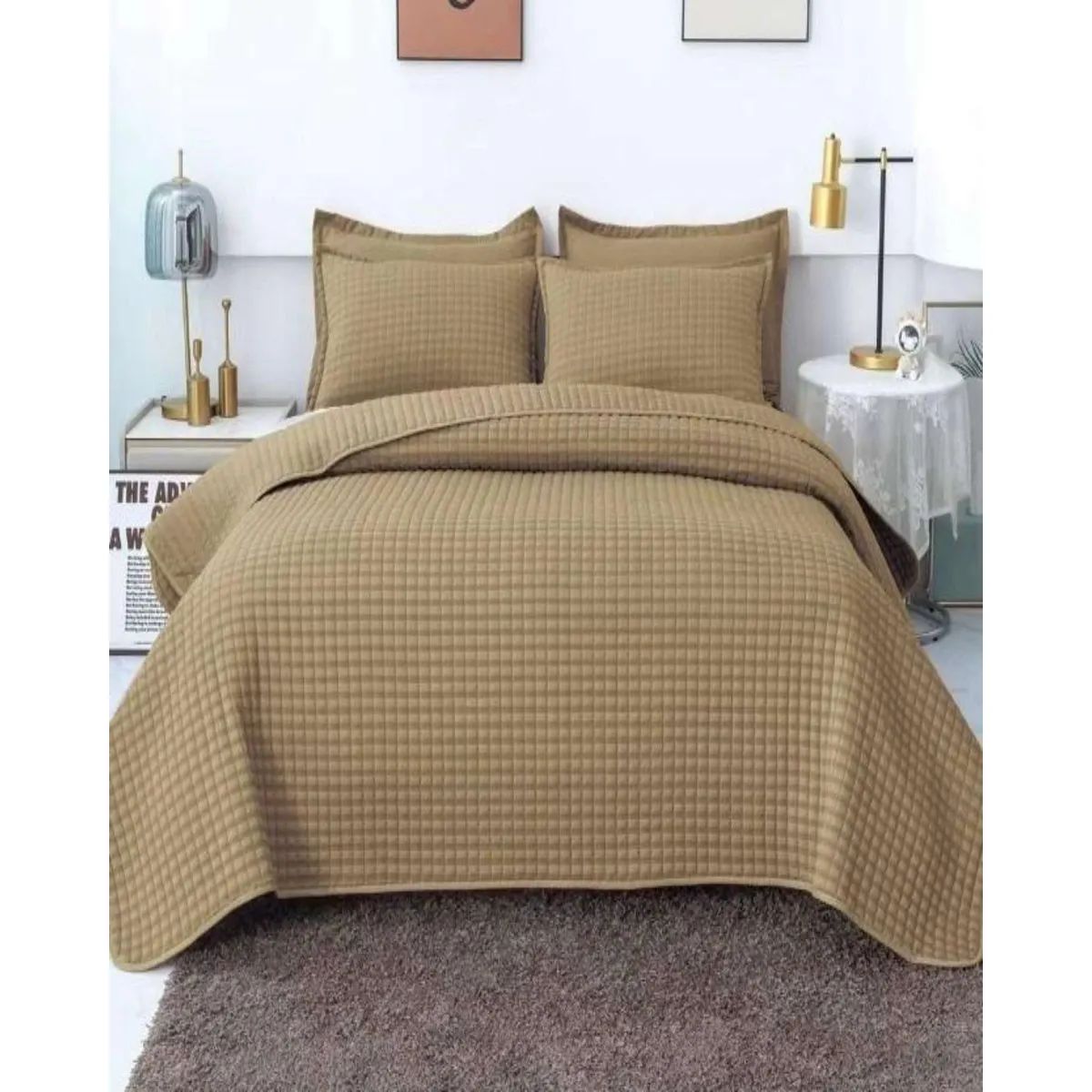 GENERICO - COBERTOR DE LUJO QUILT VERANO PLAZA Y MEDIA CAQUI