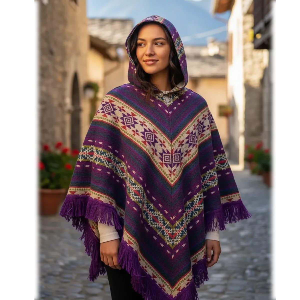 MORLAN - Poncho De Lana De Alpaca Y Oveja Esquinado Multicolor