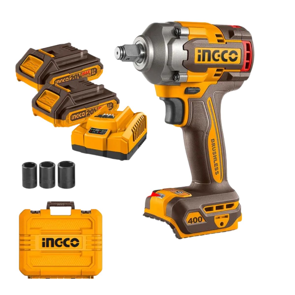 INGCO - Pistola De Impacto Bl +2Bat 2Ah Y Carg Indust 1/2" 20V/400Nm