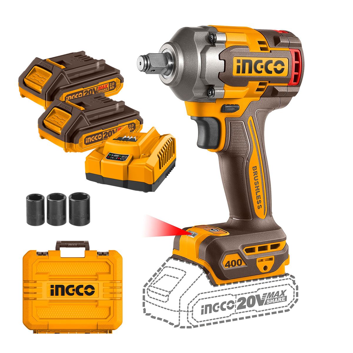 INGCO - Pistola De Impacto Bl +2Bat 2Ah Y Carg Indust 1/2" 20V/400Nm