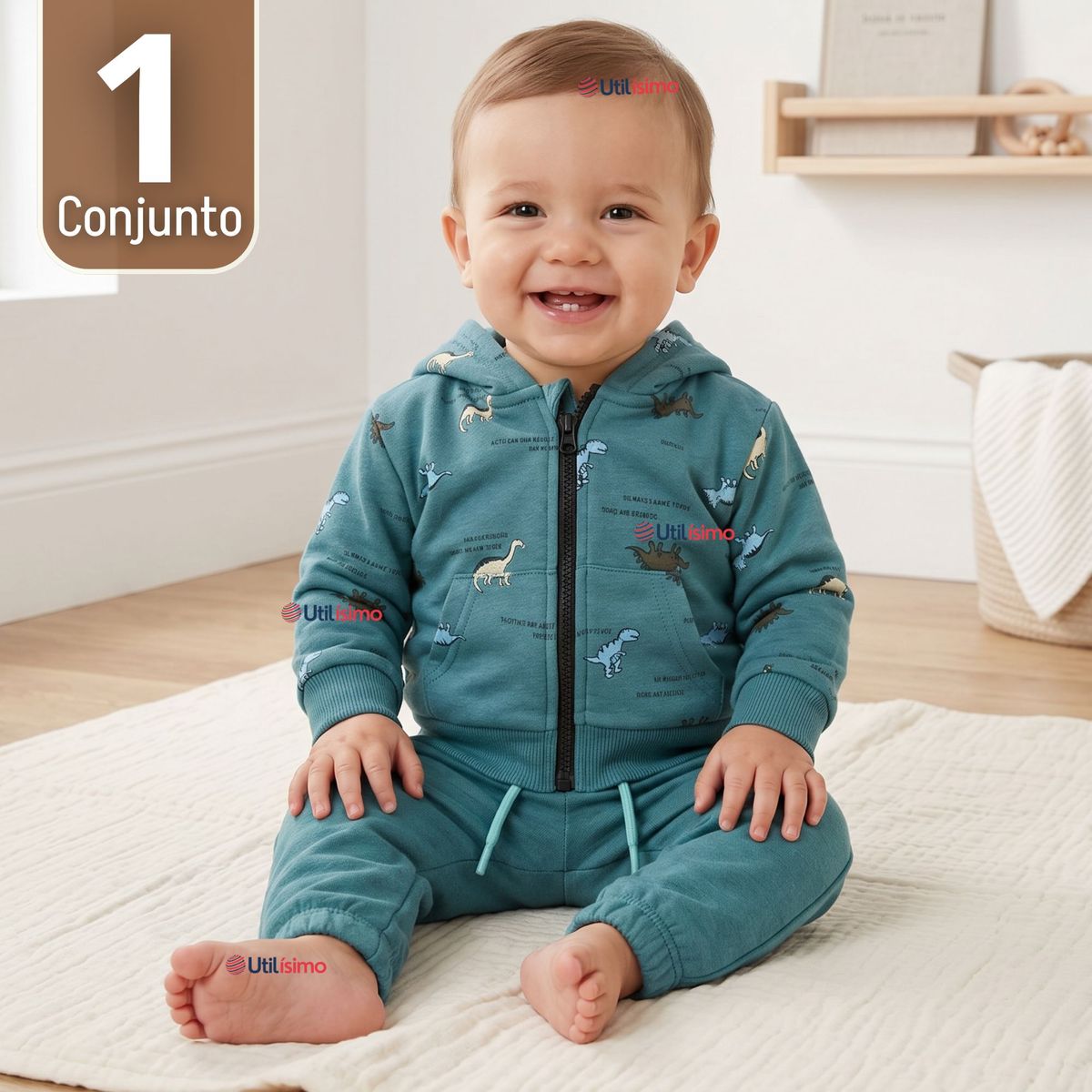 JUMP KIDS - Conjunto Buzo Polerón Con Capucha 2 Piezas Bebé Niño Green Dinosaur