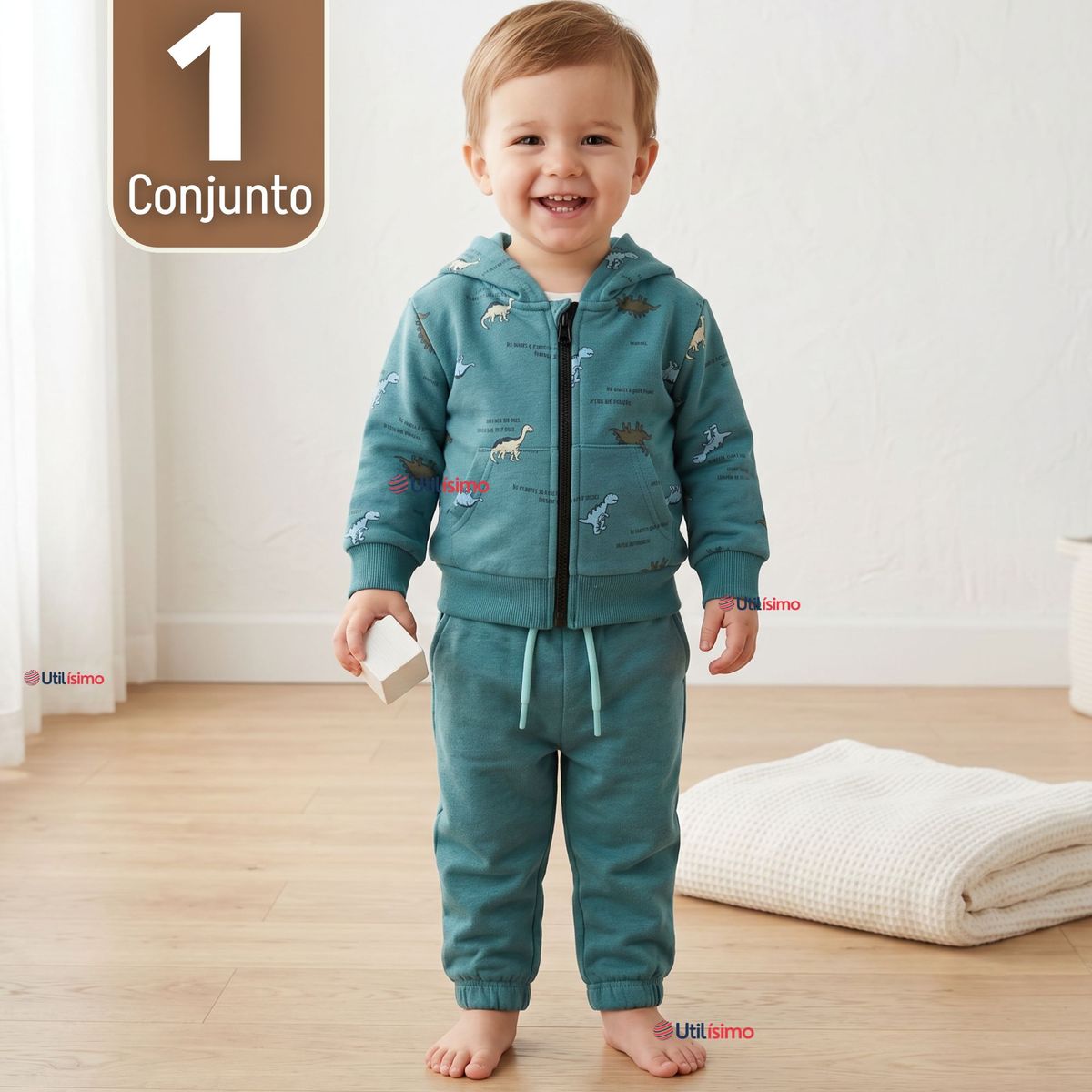 JUMP KIDS - Conjunto Buzo Polerón Con Capucha 2 Piezas Bebé Niño Green Dinosaur