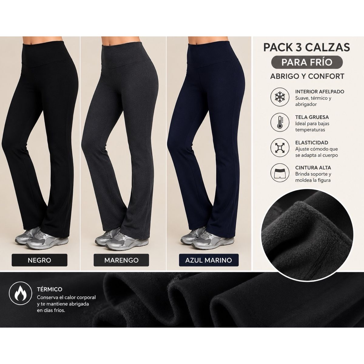 AAYO MODA - Pack 3 Calzas Rectas Mujer con Chiporro – Negro, Marengo y Azul Marino Abrigo Invierno