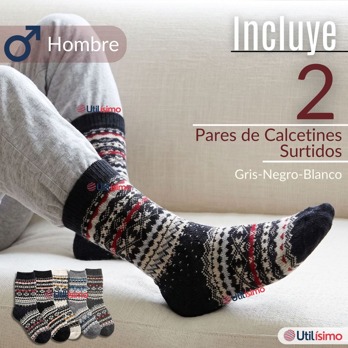 UTILISIMO - Pack 2 Calcetines Toalla Grueso Hombre Surtidos Frío Invierno
