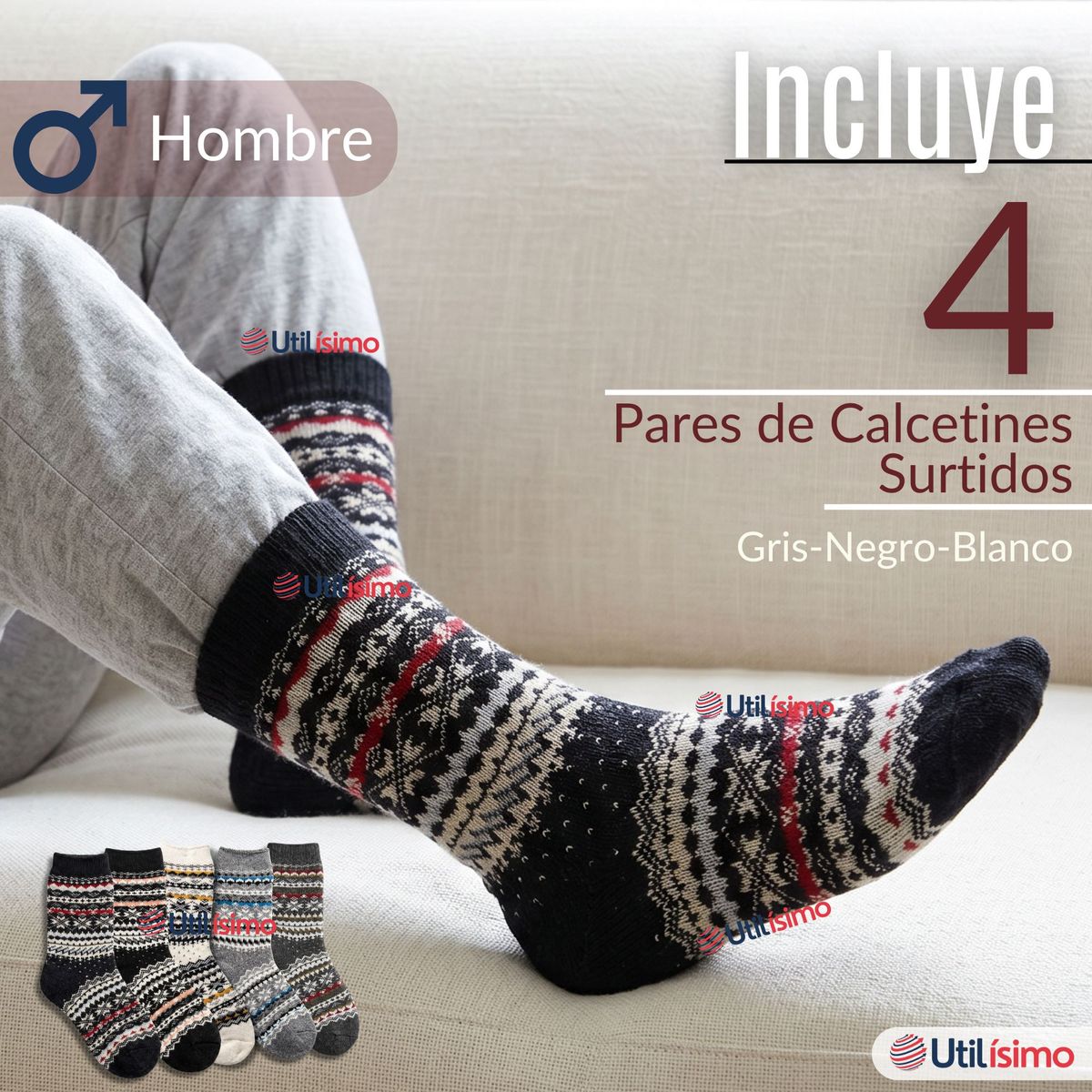 UTILISIMO - Pack 4 Calcetines Toalla Grueso Hombre Surtidos Frío Invierno