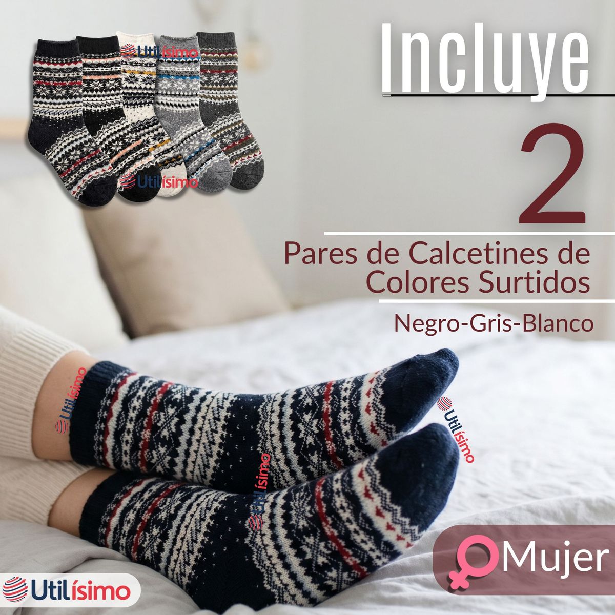 UTILISIMO - Pack 2 Calcetines Toalla Grueso Mujer Colores Surtidos Frío Invierno