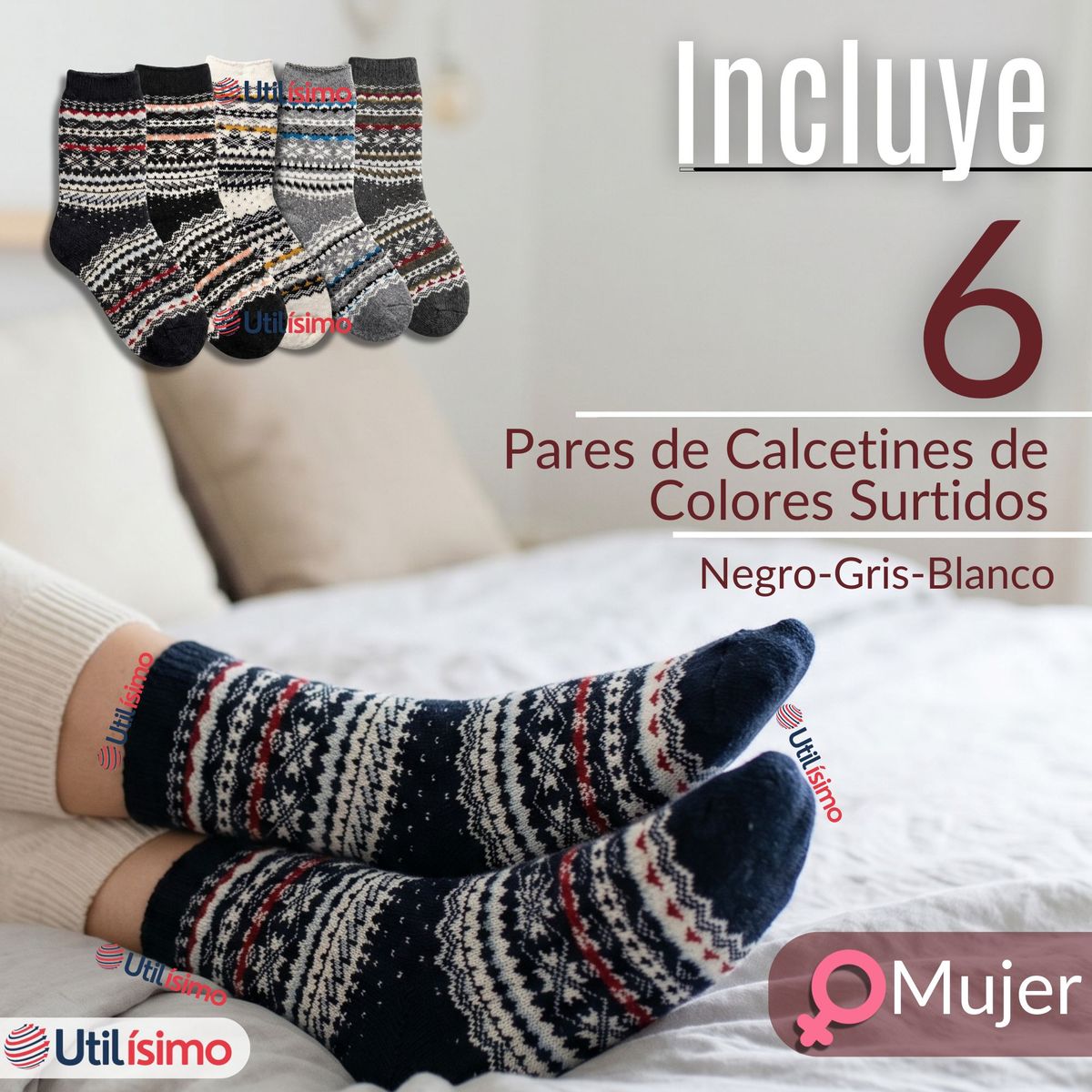 UTILISIMO - Pack 6 Calcetines Toalla Grueso Mujer Colores Surtidos Frío Invierno