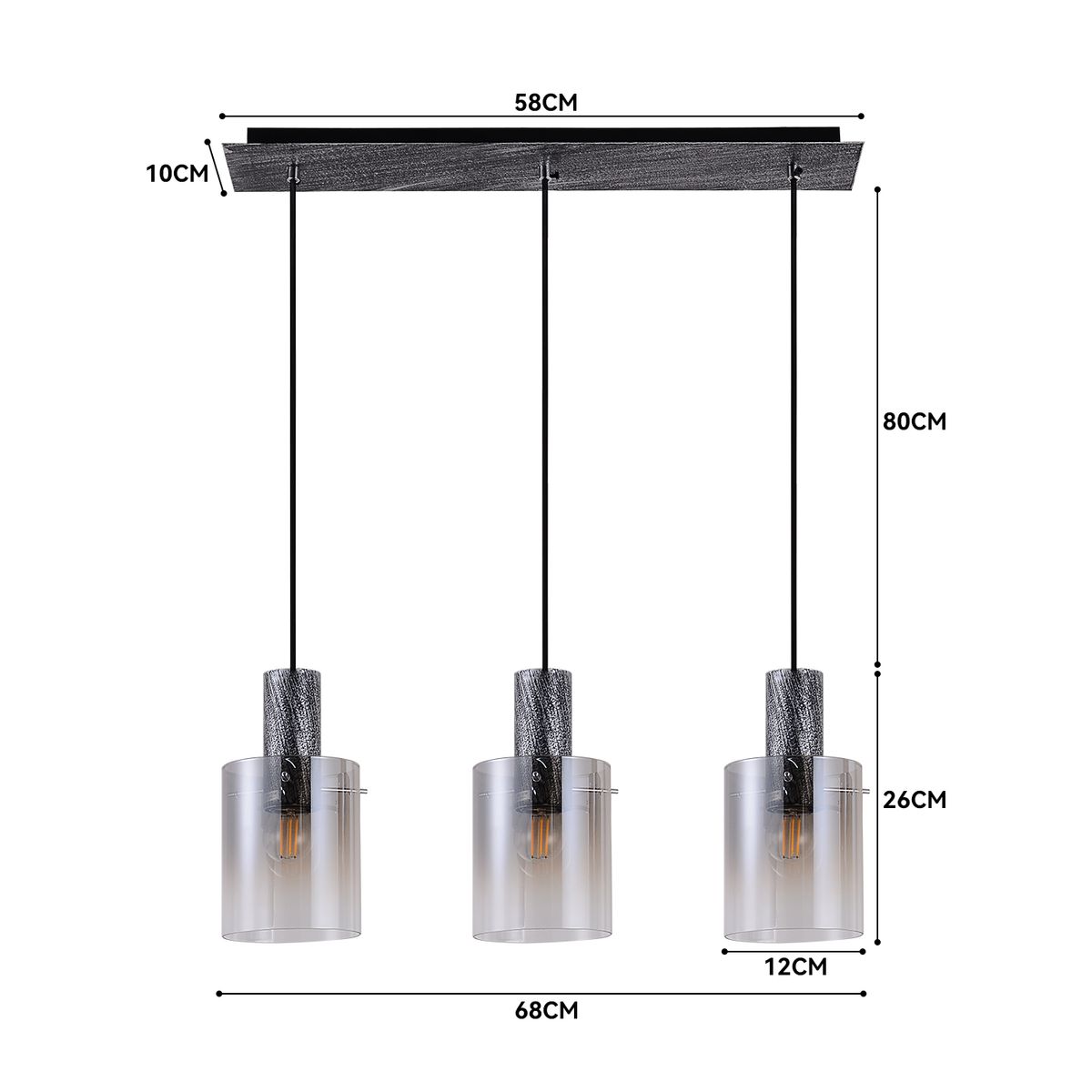 LAMPARASHOME - Lámpara de colgar 3 luces E27 Negro Metal y vidrio 68×15×26cm