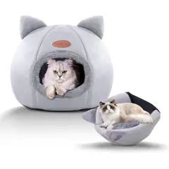 KUANGYE - Casa Cama Iglú XL Gato Perro Algodón PP Gris Lavable Fondo Antideslizante Casa y Cama Invierno