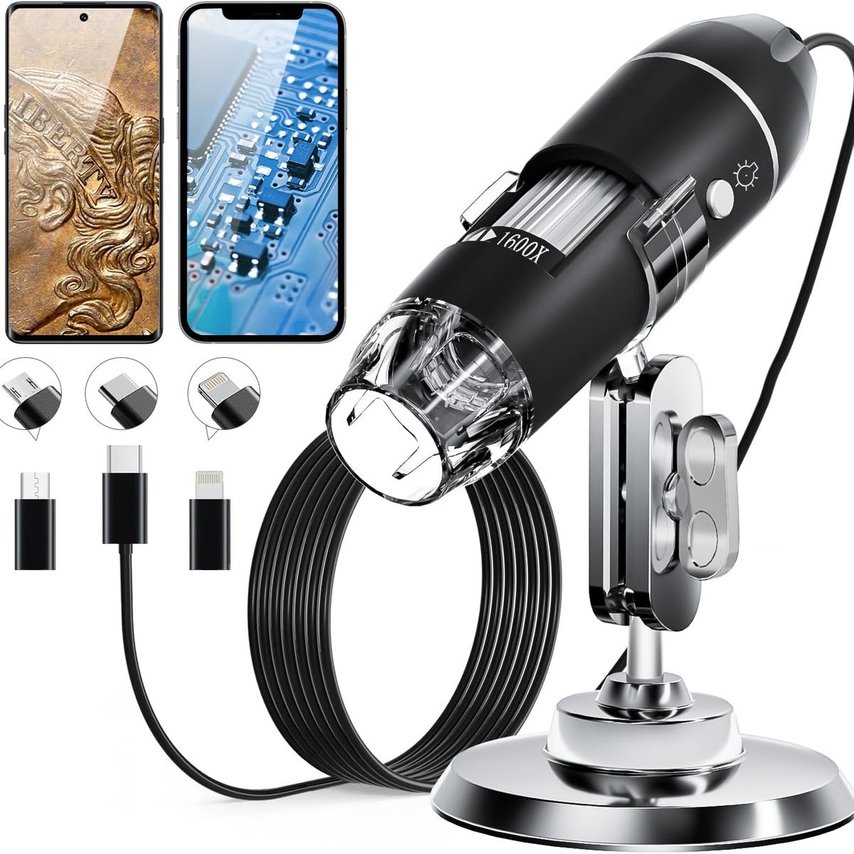 NEBLISUR - 50X a 1600X Microscopio Electrónico de Mano Portátil Digital con 8 Luz LED Lupa HD/Soporte Metal
