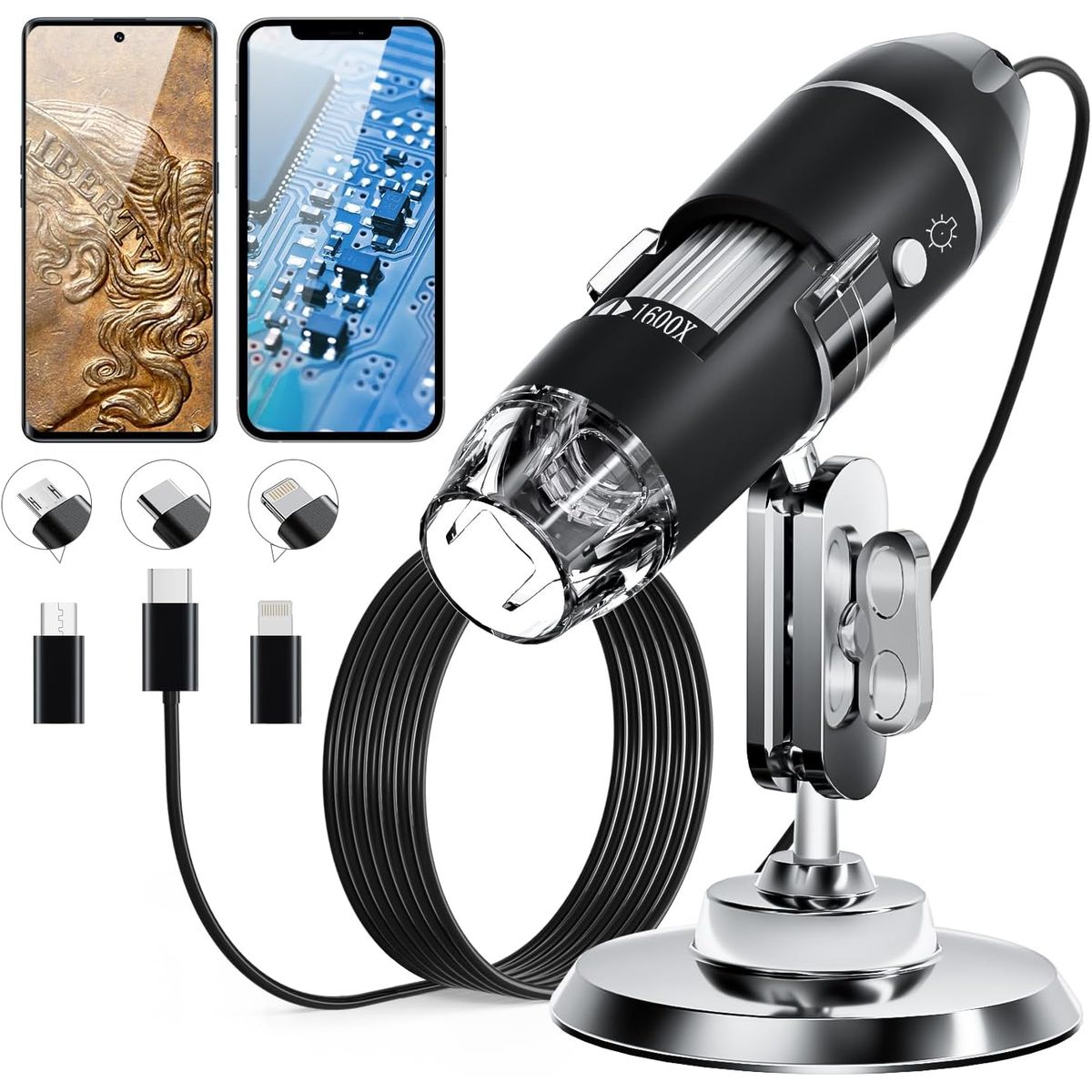 NEBLISUR - 50X a 1600X Microscopio Electrónico de Mano Portátil Digital con 8 Luz LED Lupa HD/Soporte Metal