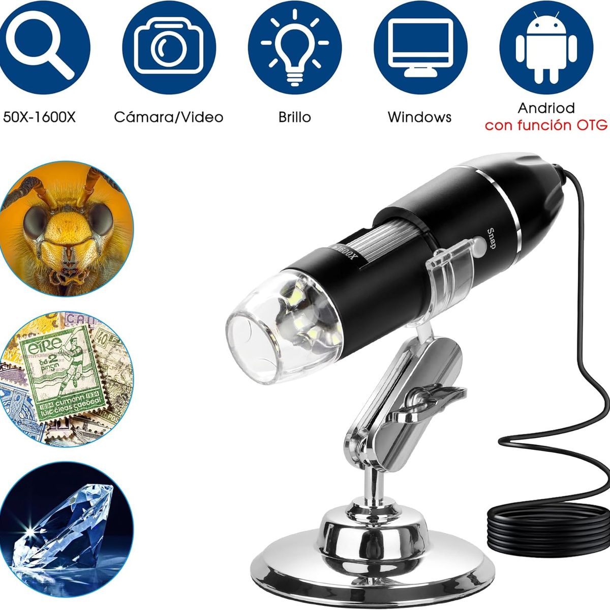 NEBLISUR - 50X a 1600X Microscopio Electrónico de Mano Portátil Digital con 8 Luz LED Lupa HD/Soporte Metal
