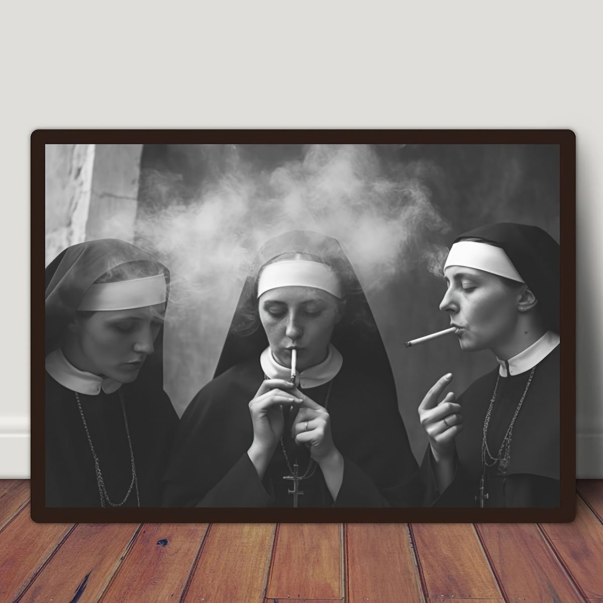 VATYERTY - Póster Vintage En Lienzo Sin Marco Con Una Monja Fumando En Blanco Y Negro.