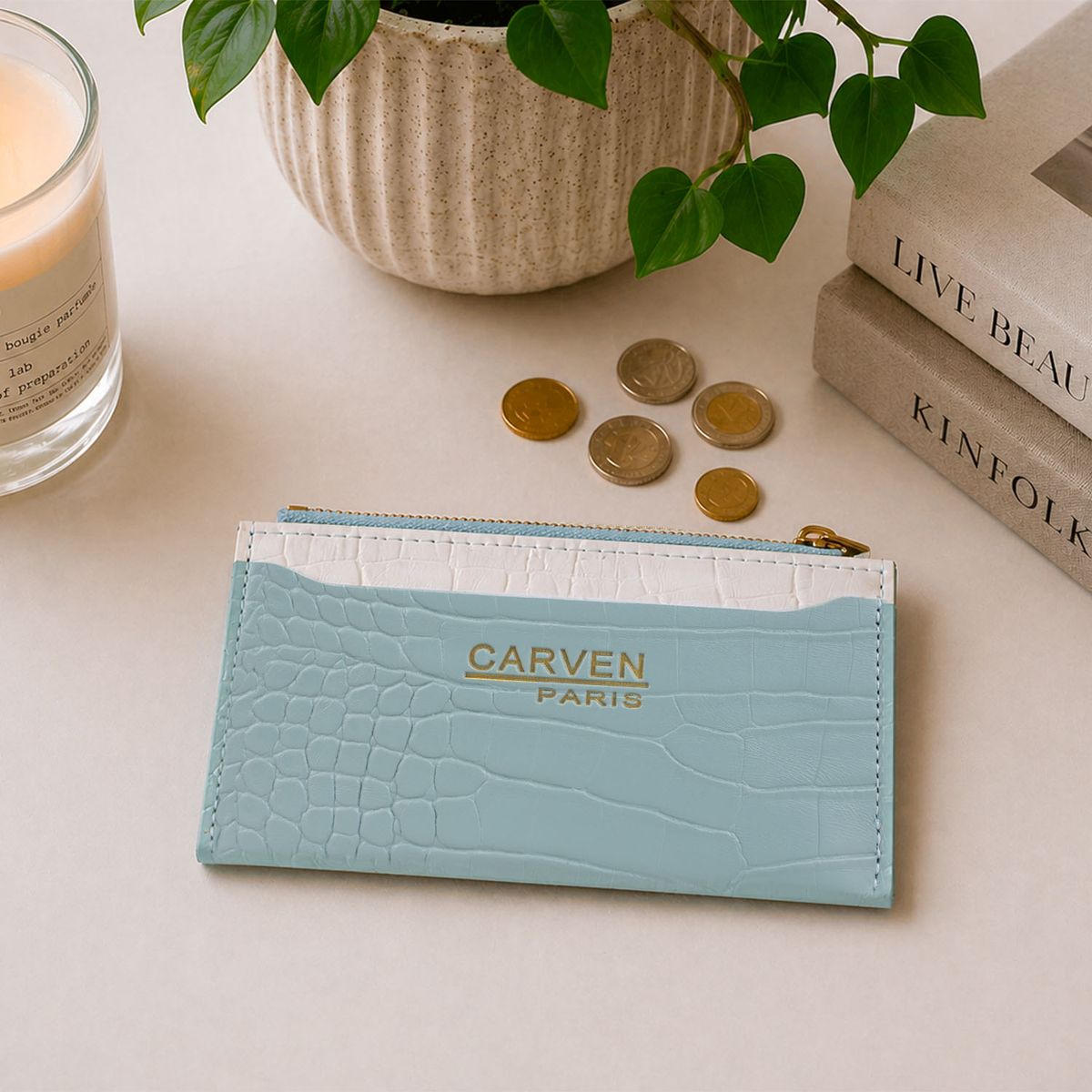 CARVEN - Billetera tarjetero mujer con monedero Zoe celeste Carven