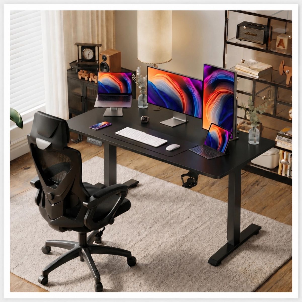 GENERICO - Escritorio Eléctrico Ajustable 120cm Oficina + Silla Ergonómica Reclinable con Reposapiés IKEMMA