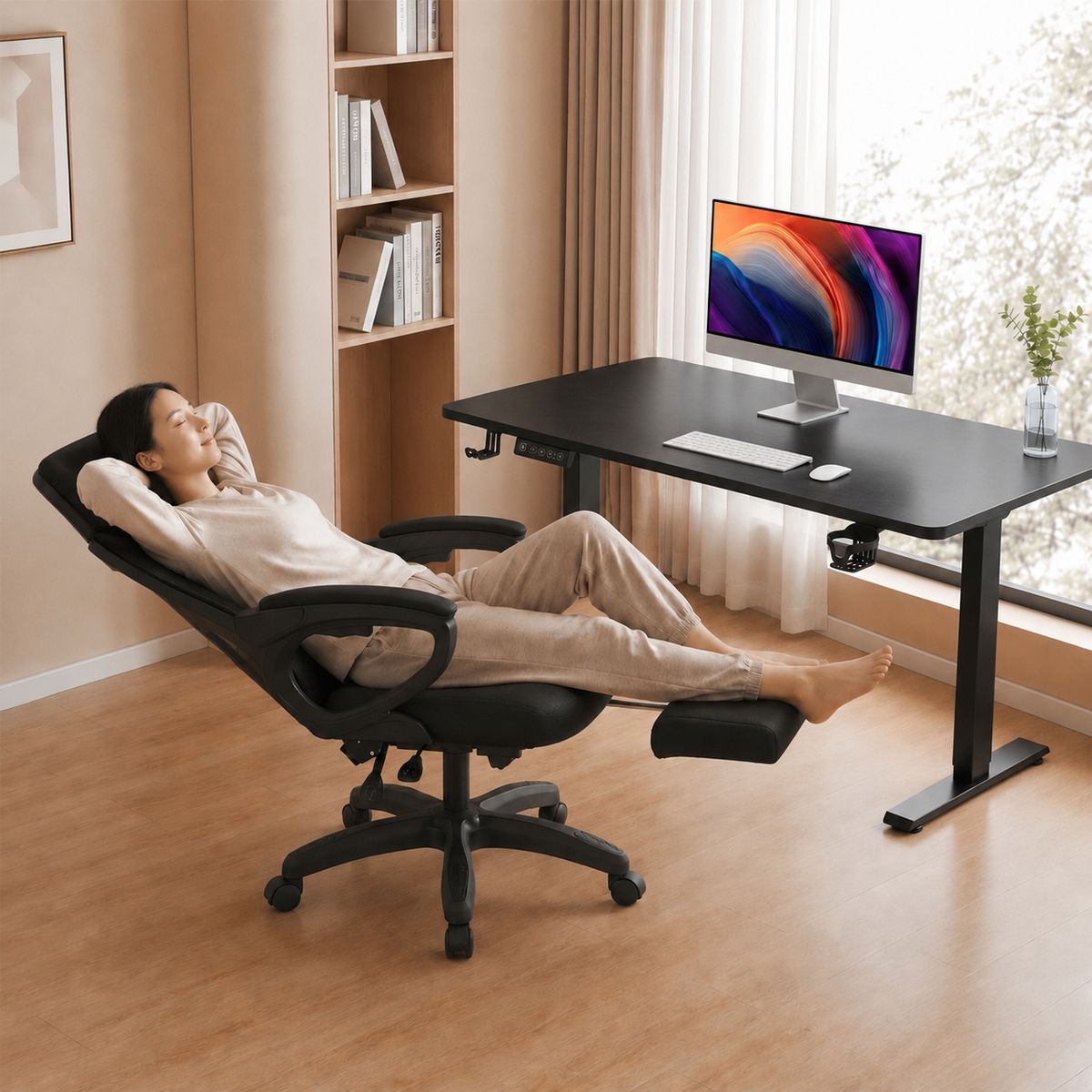 GENERICO - Escritorio Eléctrico Ajustable 120cm Oficina + Silla Ergonómica Reclinable con Reposapiés IKEMMA