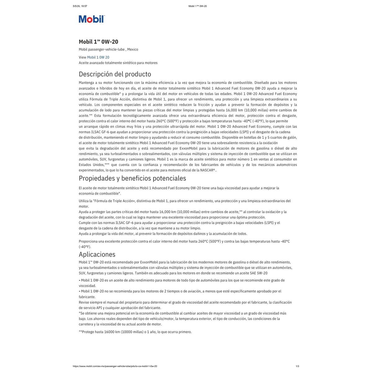 MOBIL - Lubricante Motor 0w20 Mobil 1 Advanced Fuel Economy 946 Ml.
