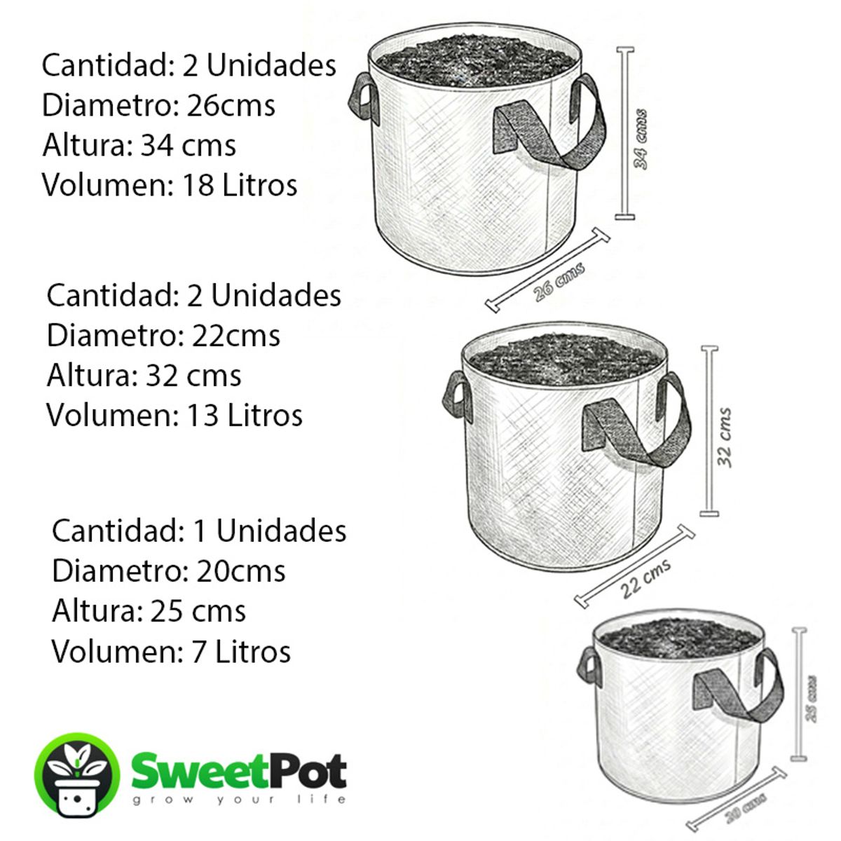 GENERICO - Pack 5 Macetas Redondas Geotextil 7, 13 y 18 Litros