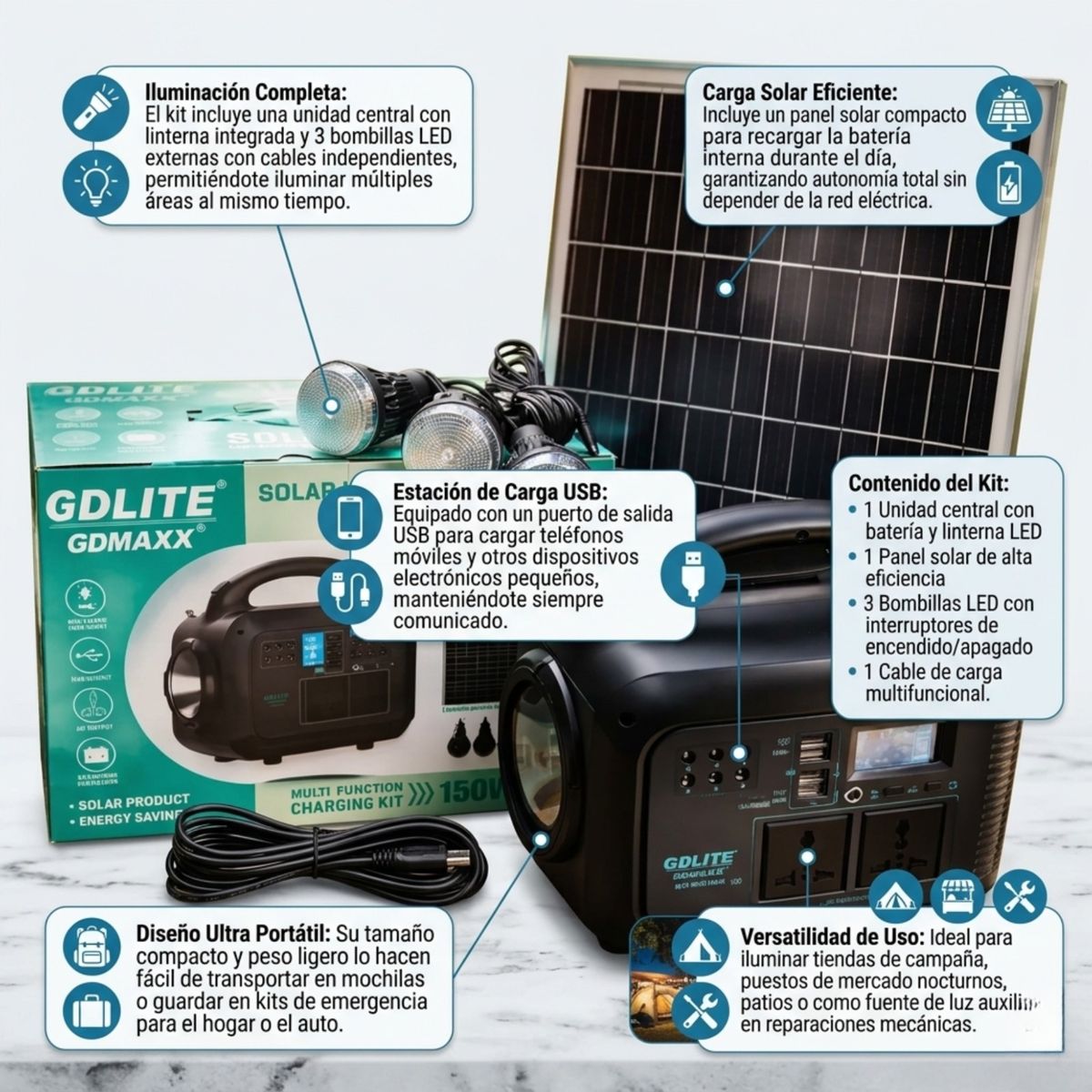 GENERICO - Kit De Generador Solar Portátil Con Linterna Led 3 Bombillas