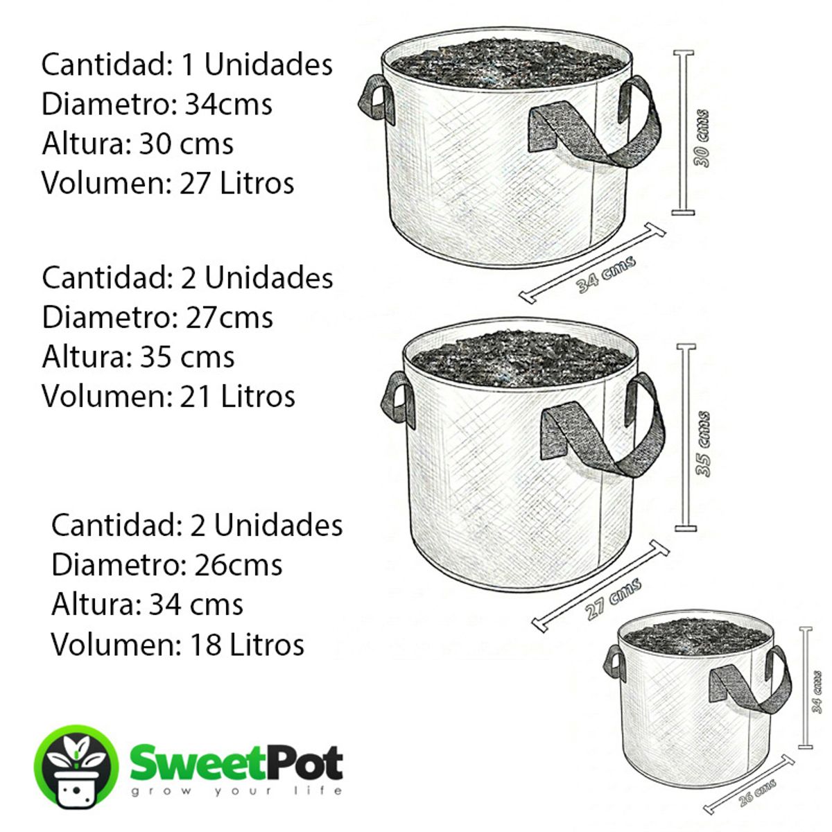 GENERICO - Pack 5 Macetas Redondas Geotextil 18, 21 y 27 Litros