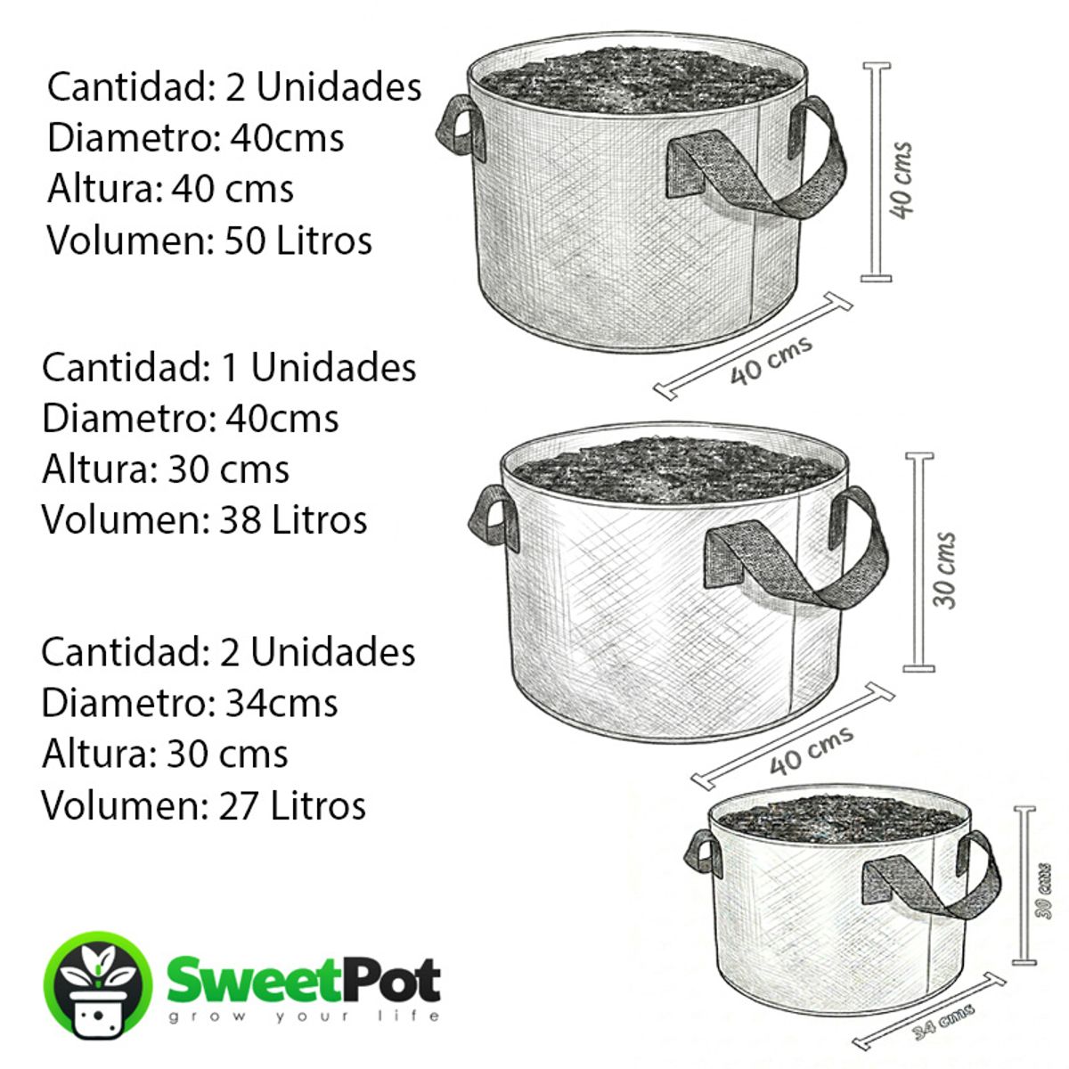GENERICO - Pack 5 Macetas Redondas Geotextil 27, 38 y 50 Litros