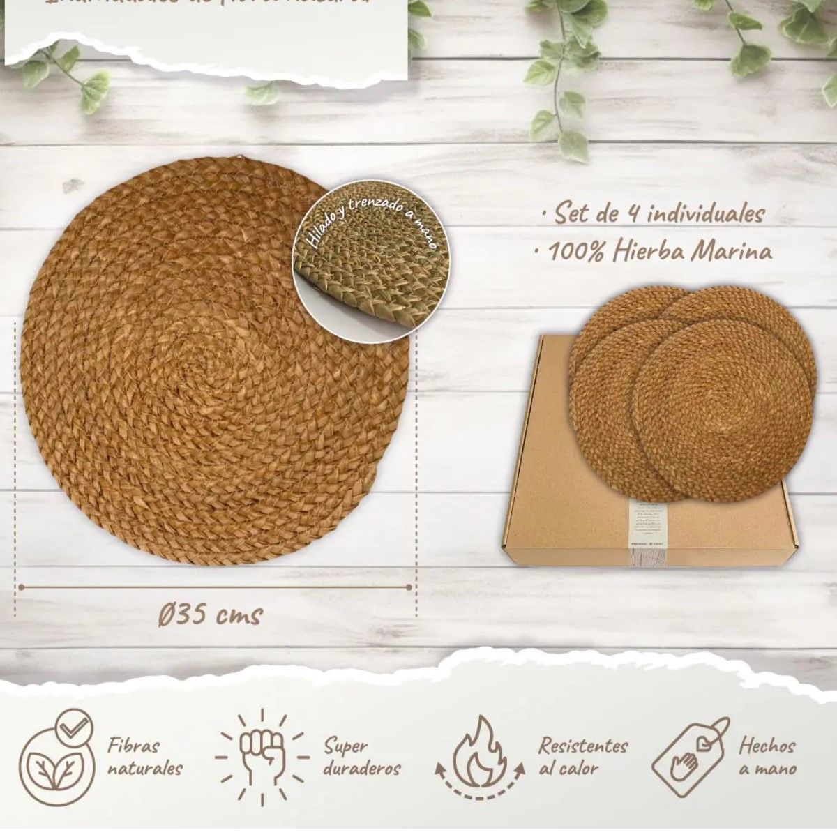 GENERICO - Set 4 Individuales Fibras Naturales Ubud De Ø35cms Color Fibra Natural Tramado BELUG