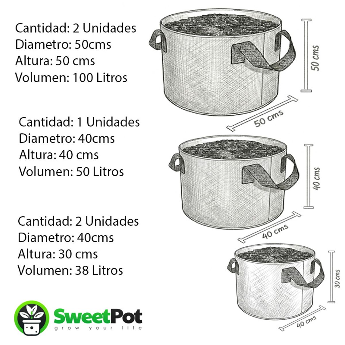 GENERICO - Pack 5 Macetas Redondas Geotextil. 38, 50 y 100 Litros.