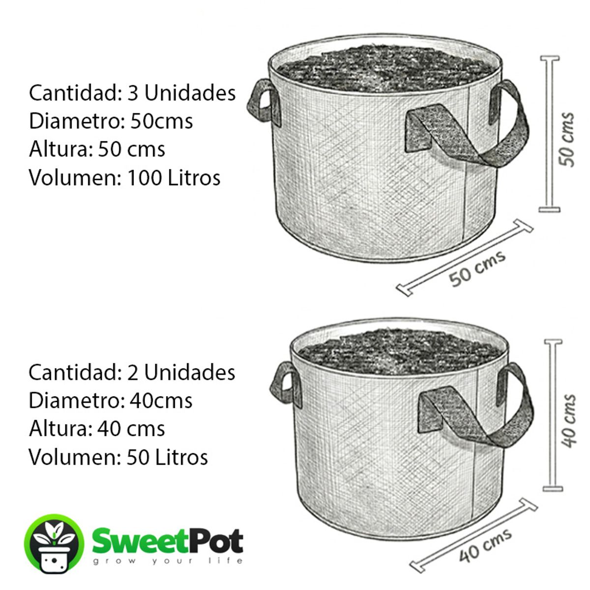 GENERICO - Pack 5 Macetas Redondas Geotextil 50 y 100 Litros