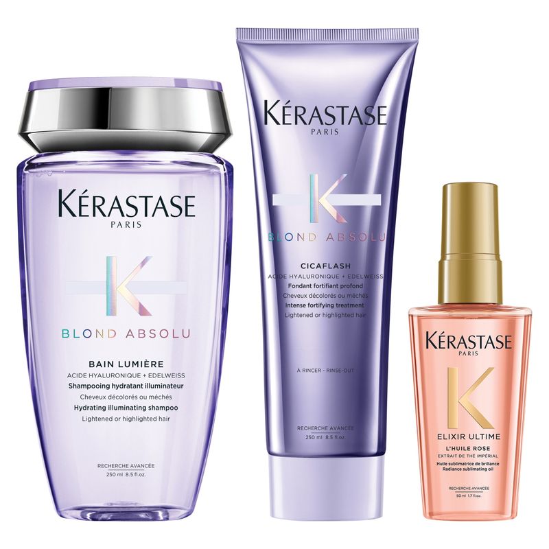 KERASTASE - Set Cabello Rubio Blond Absolu Bain Lumière 250 ml + Fondant 250 ml + Aceite L'Huile Rose Elixir Ultime 50 ml