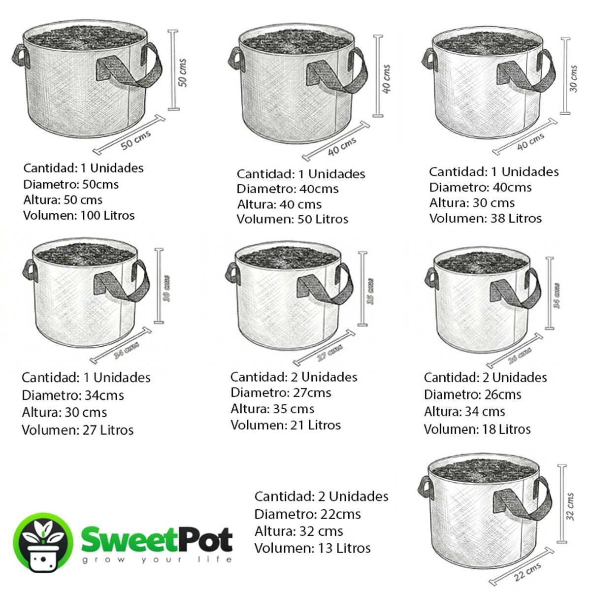 GENERICO - Pack 10 Macetas Redondas Geotextil 13, 18, 21, 27, 38, 50 y 100 Litros