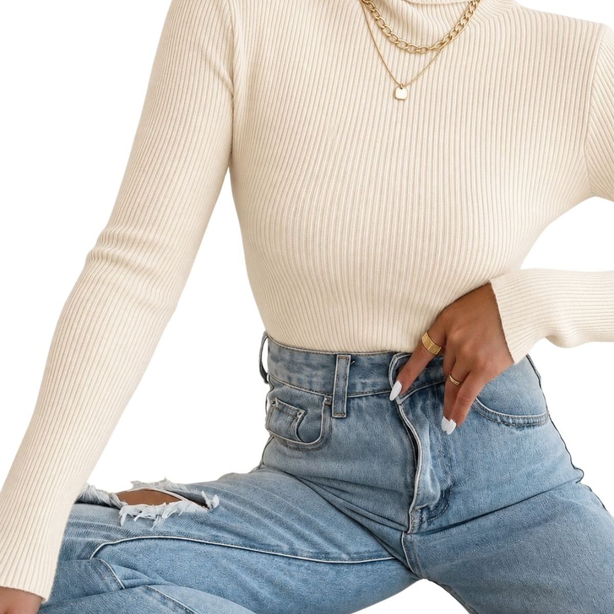 LOOK SHOP - Sweater Beatle Lana Mujer Cuello Alto Doble Otoño Invierno T50