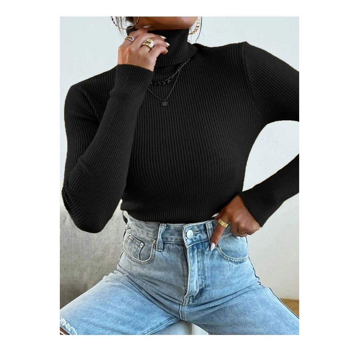 LOOK SHOP - Sweater Beatle Lana Mujer Cuello Alto Doble Otoño Invierno T50