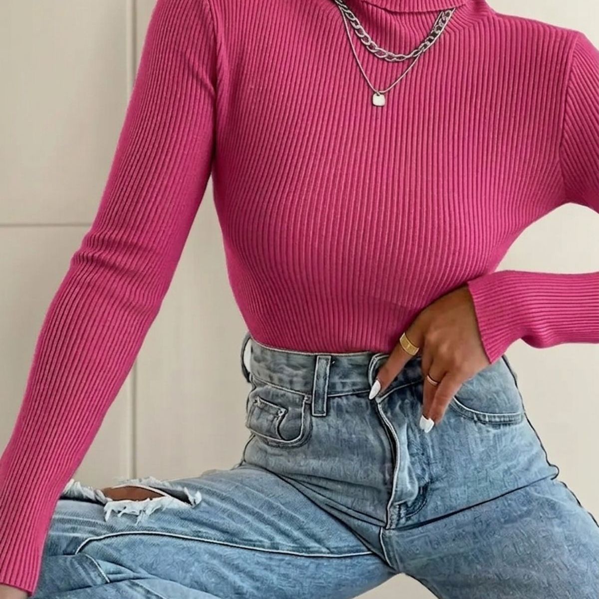 LOOK SHOP - Sweater Beatle Lana Mujer Cuello Alto Doble Otoño Invierno T50