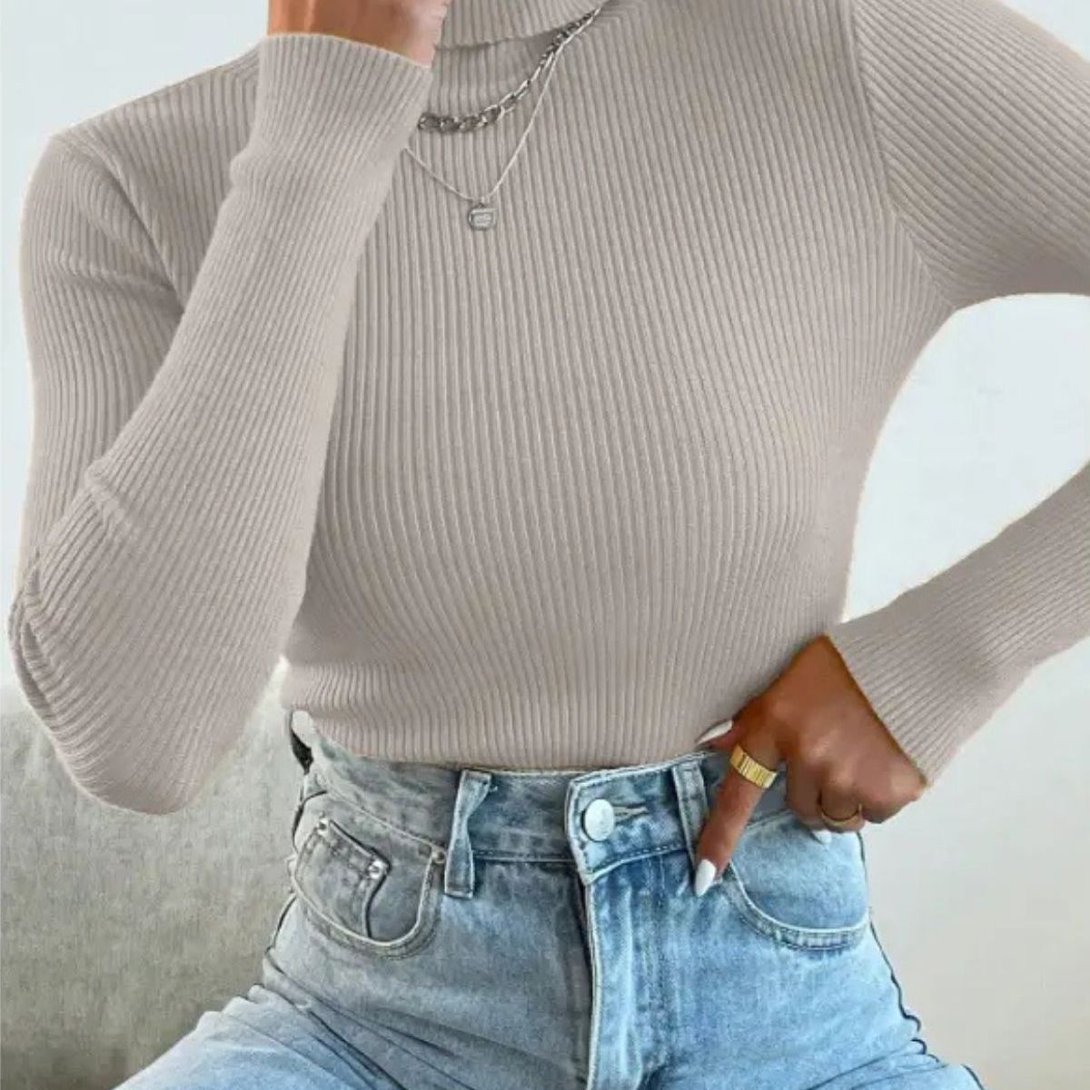 LOOK SHOP - Sweater Beatle Lana Mujer Cuello Alto Doble Otoño Invierno T50