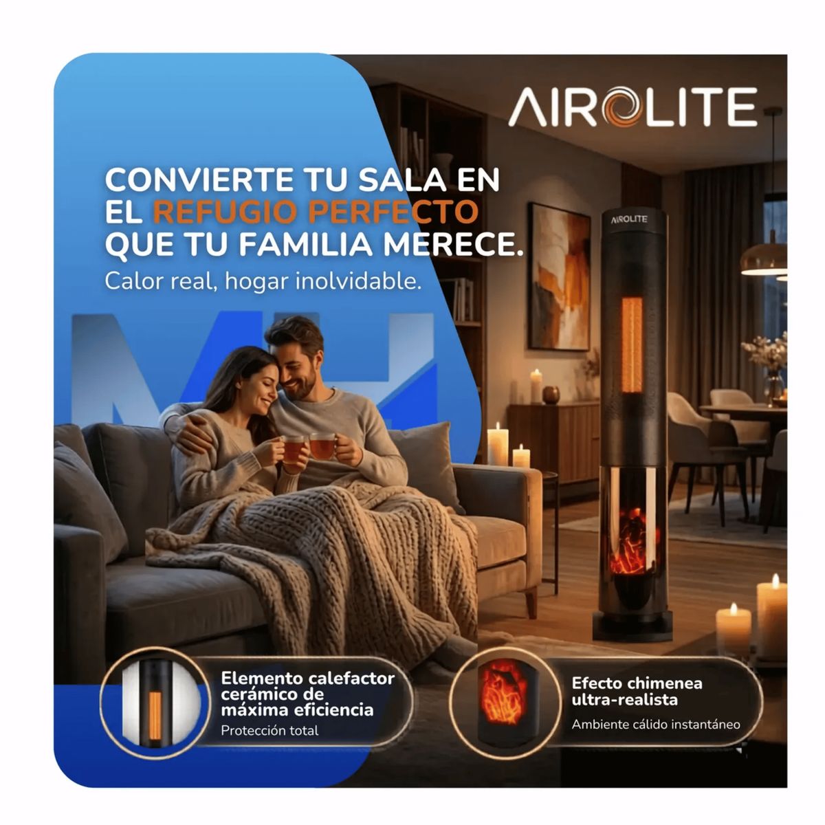 AIROLITE - Chimenea Electrica 2000w Calor Ceramico Y Efecto Visual Led