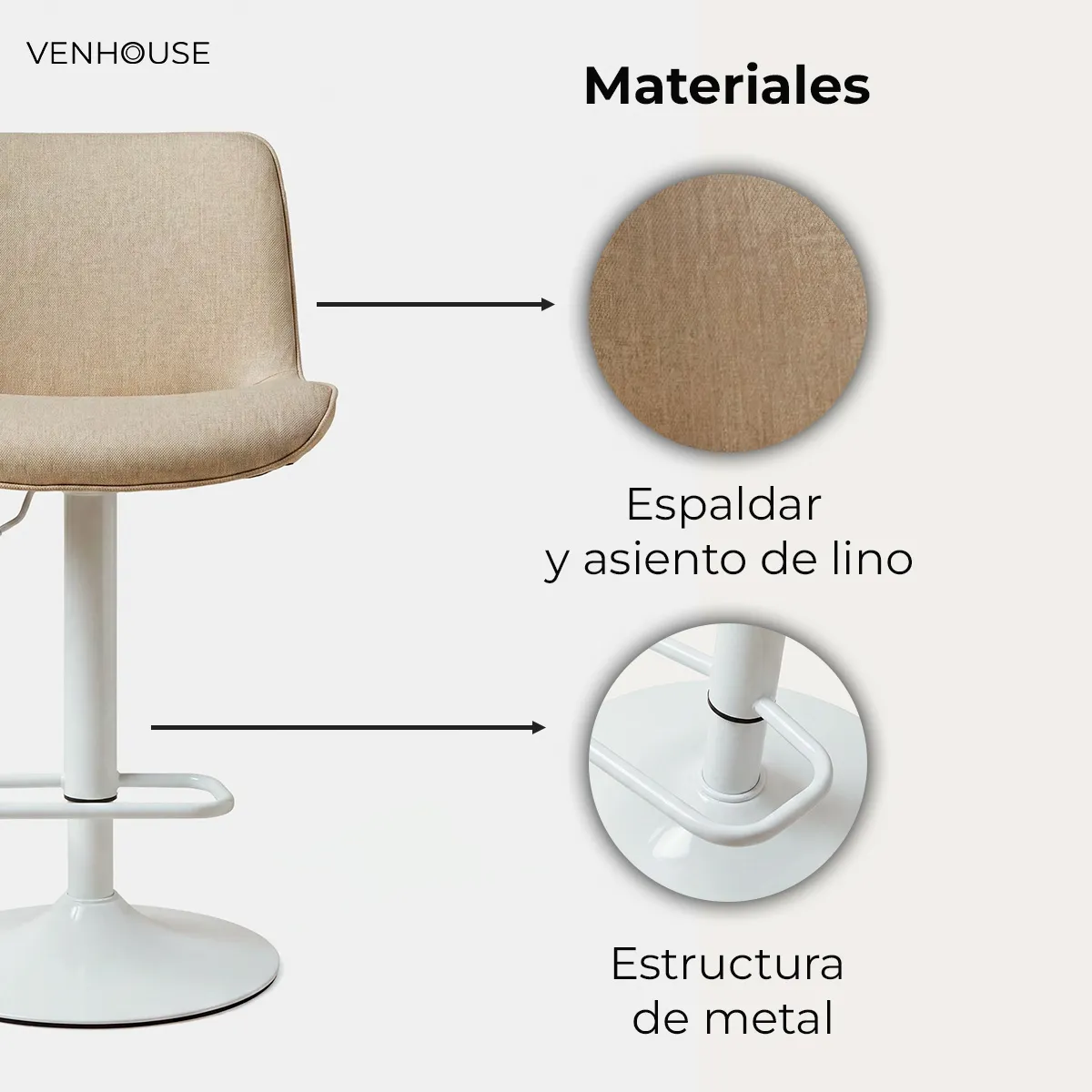 VENHOOUSE - Pack 2 Sillas Piso Bar Taburete Altura Regulable Dorik Venhoouse Blancas