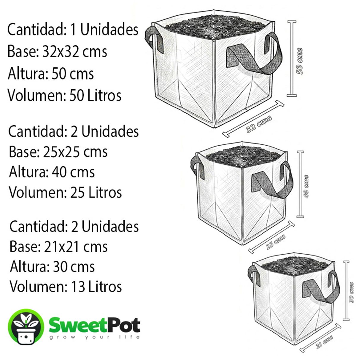 GENERICO - Pack 5 Macetas Cuadradas Geotextil 13, 25 Y 50 Litros
