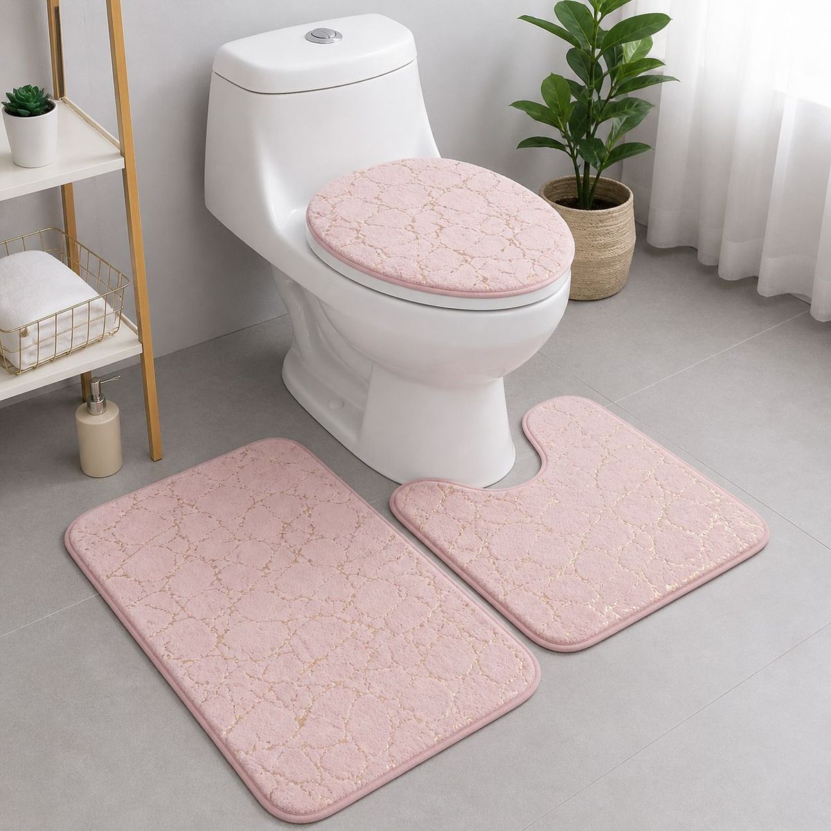 GENERICO - Set Alfombras de Baño 3 Piezas Diseño Mármol Antideslizante Color Rosado