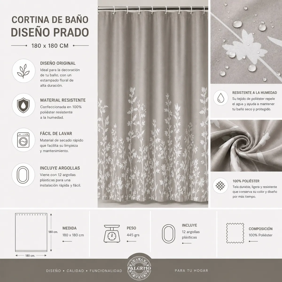 PALERMO - Cortina Ducha Baño Diseños Impermeable Con Imanes 180x180cm