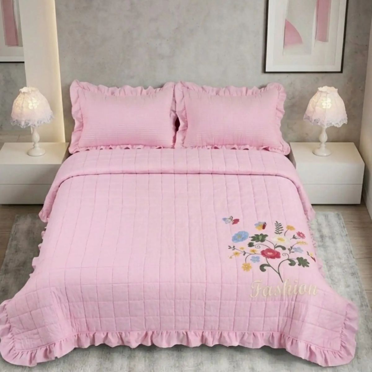 GENERICO - Cubrecama Quilt Verano Estampado Floral con Bobos 2 Plazas