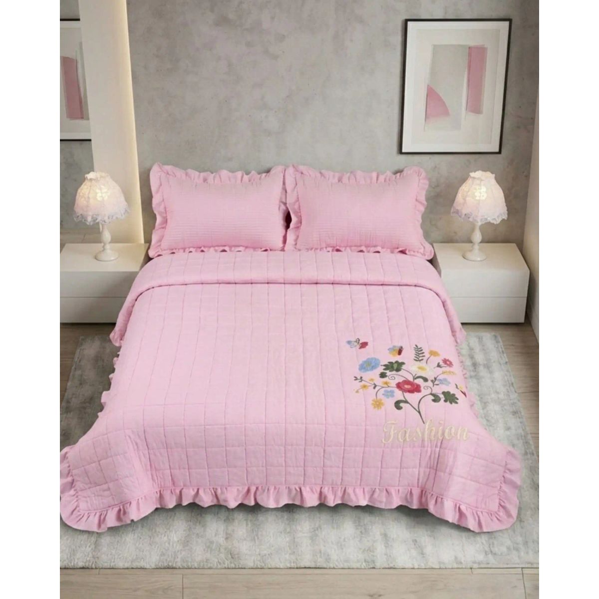 GENERICO - Cubrecama Quilt Verano Estampado Floral con Bobos 2 Plazas