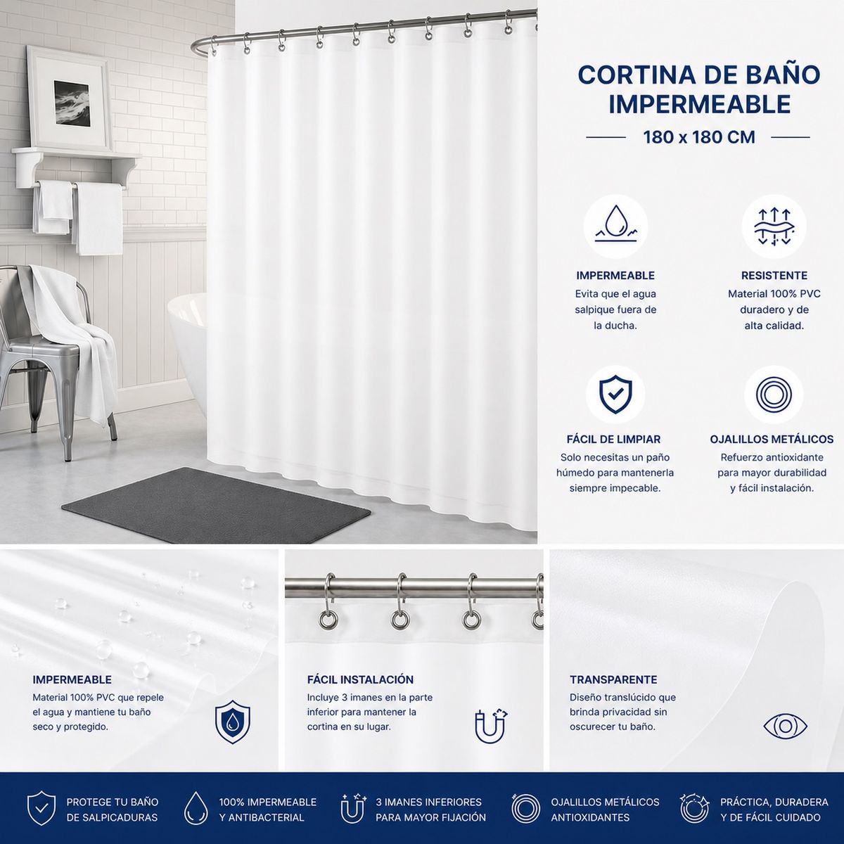 PALERMO - Forro Cortina Baño Ducha 180x180cm Impermeable Blanco