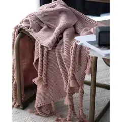 ALMA & DECO - Manta para Sofá o Piecera Modelo Tejido y Trenzas Rosa