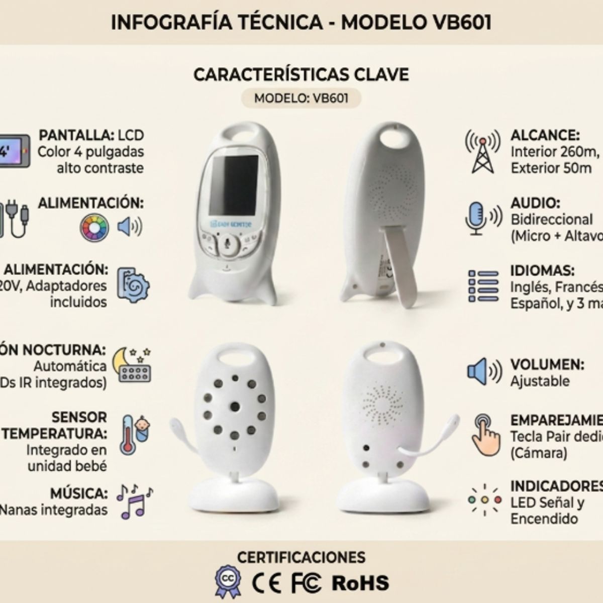 IRM - Monitor Bebe Video VB601 Pantalla 4 Pulgadas Vision Nocturna Audio Bidireccional Temperatura 8 Nanas