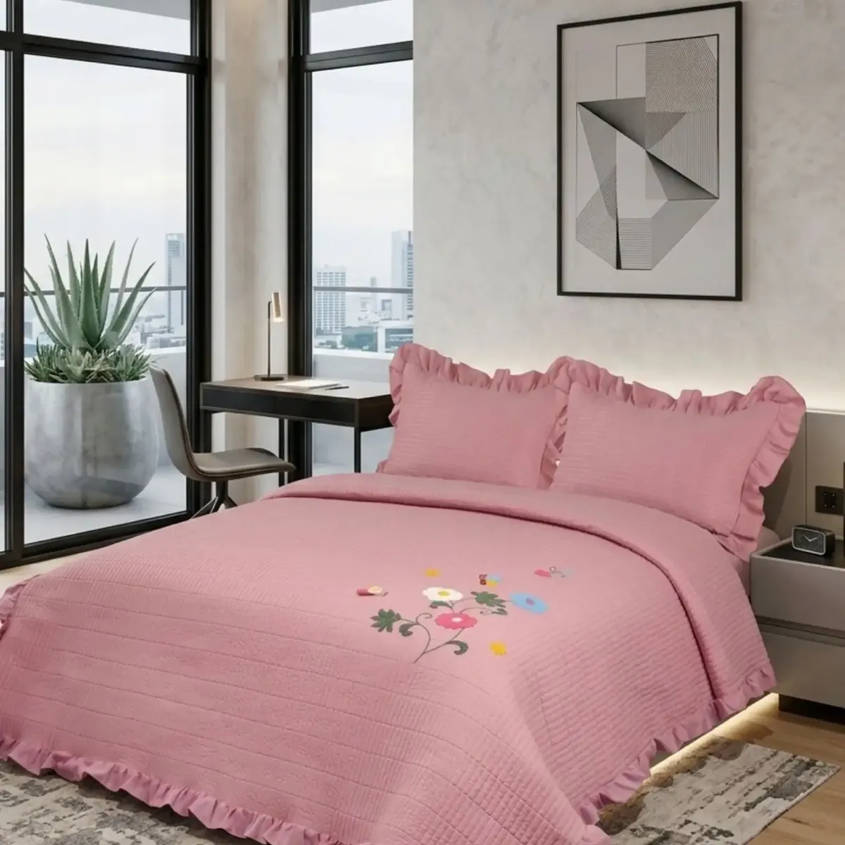 GENERICO - Cubrecama Quilt Verano Estampado Floral con Bobos 2 Plazas
