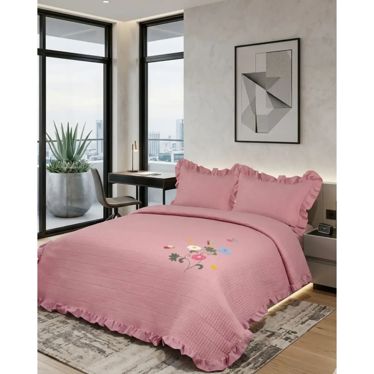 GENERICO - Cubrecama Quilt Verano Estampado Floral con Bobos 2 Plazas