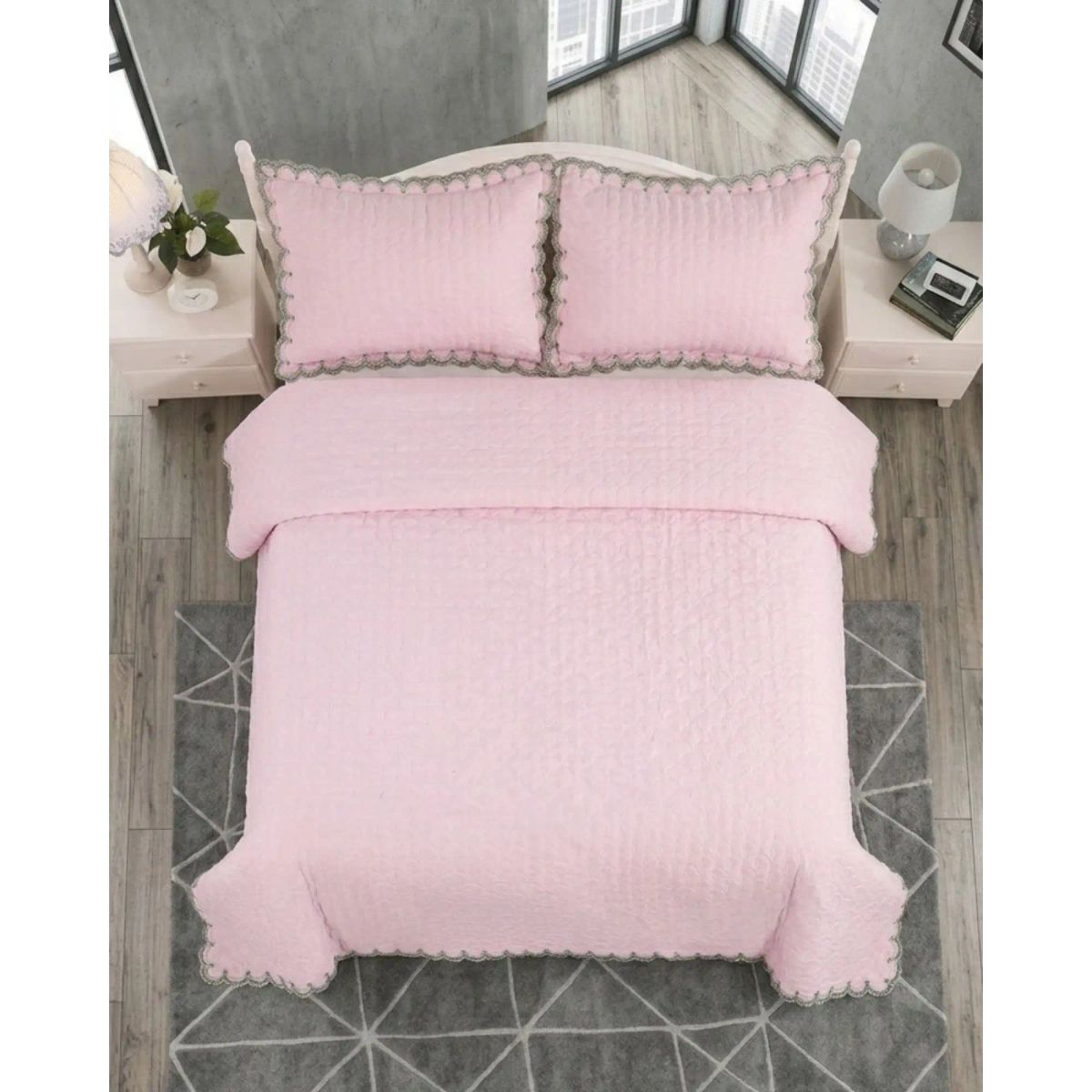 GENERICO - Cubrecama Quilt Bordado 2 Plazas + Fundas Diseño Escamas