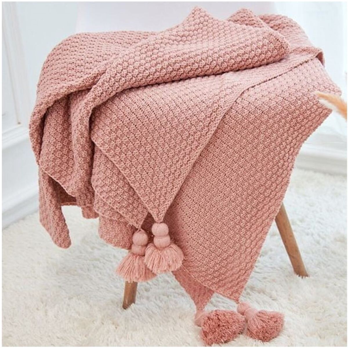 ALMA & DECO - Manta para Sofá o Piecera Blanket Mod Tejido y Borlas Rosa