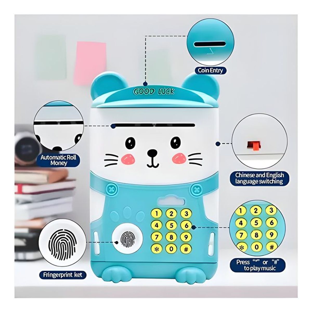 GENERICO - Alcancía gato automática con contraseña y huella azul 7